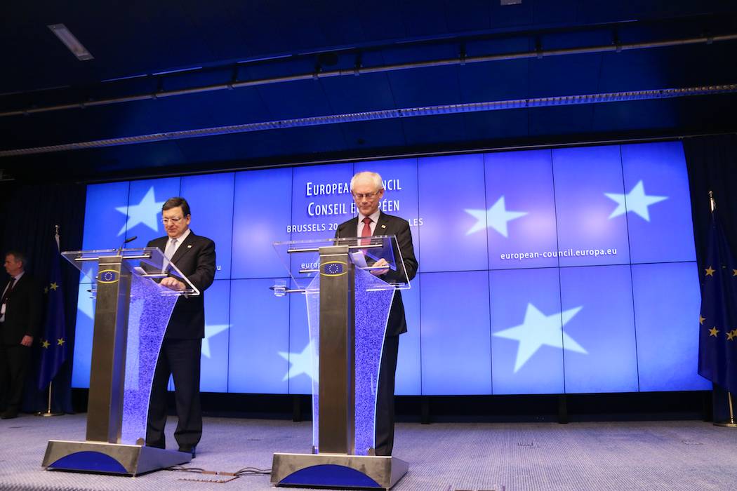José Manuel Barroso, President of the European Commission (left), and Herman van Rompuy, President of the European Council, speaking at a press conference following the first day of the European Council in Brussels, Belgium