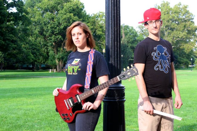 Jamie Rogers (left) and Zak Toth from the band Two Years Later pose for a photo in The Oval, Sept. 1, 2014. (Yann Schreiber)