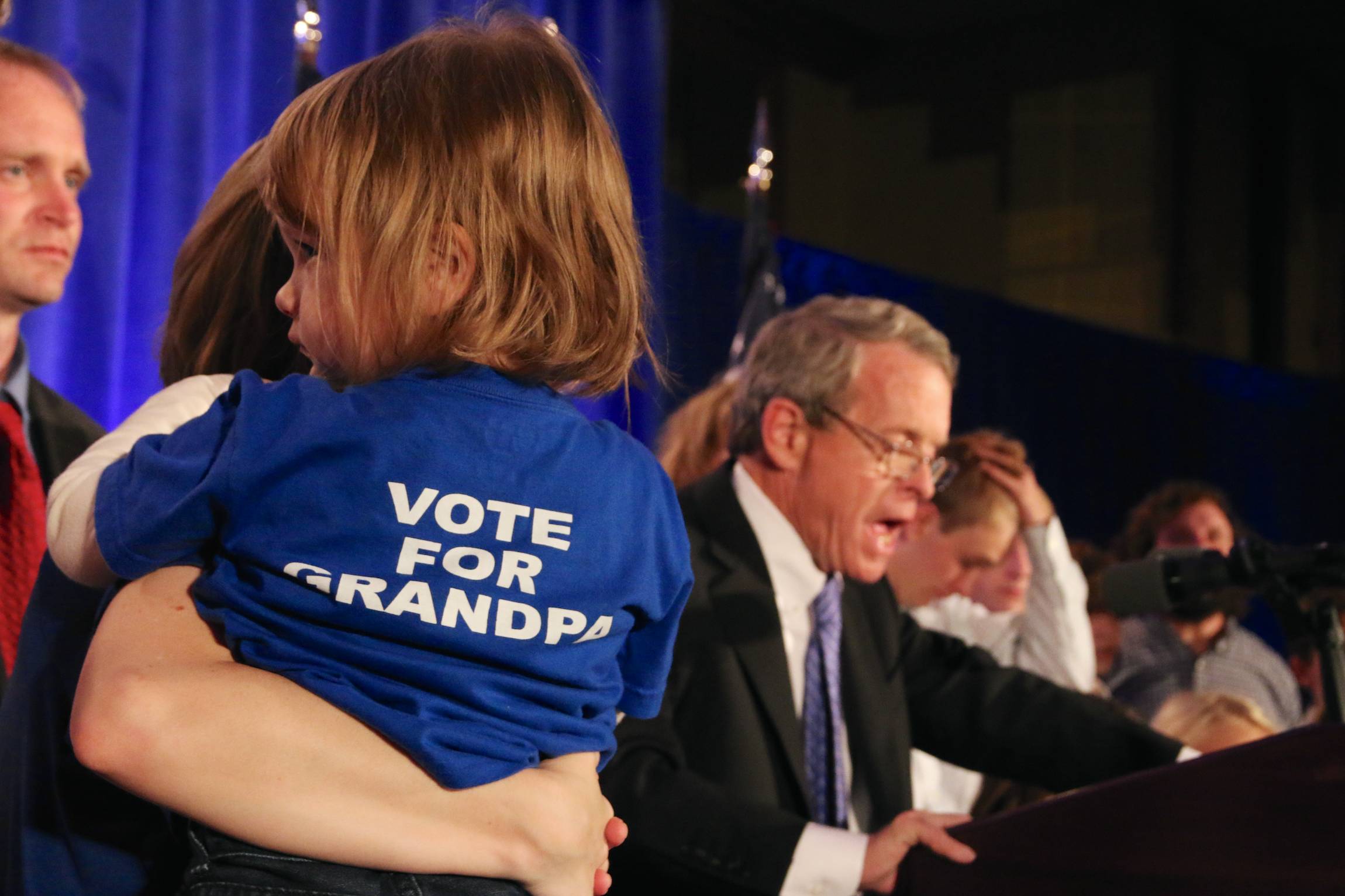 A attorney geneal of Ohio Mike DeWine, speeks, accompagnied by his family, at a Republican Party event in the Renaissance hotel in Columbus, Ohio, Tuesday, Nov. 4 2014, after being reelected in his office.