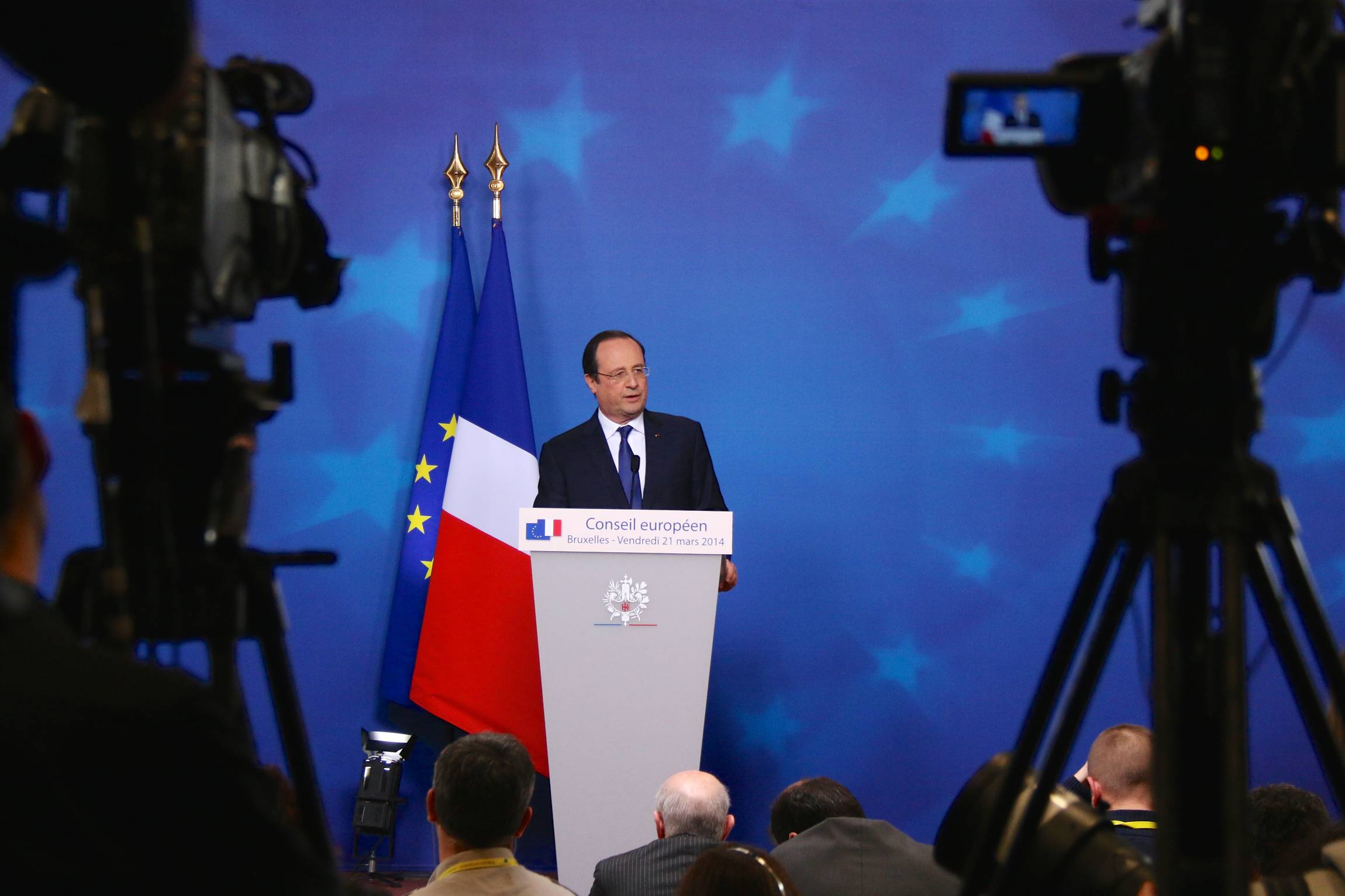 Francois Hollande, President of France, speaks after the European Council in Brussels, March 21, 2015.