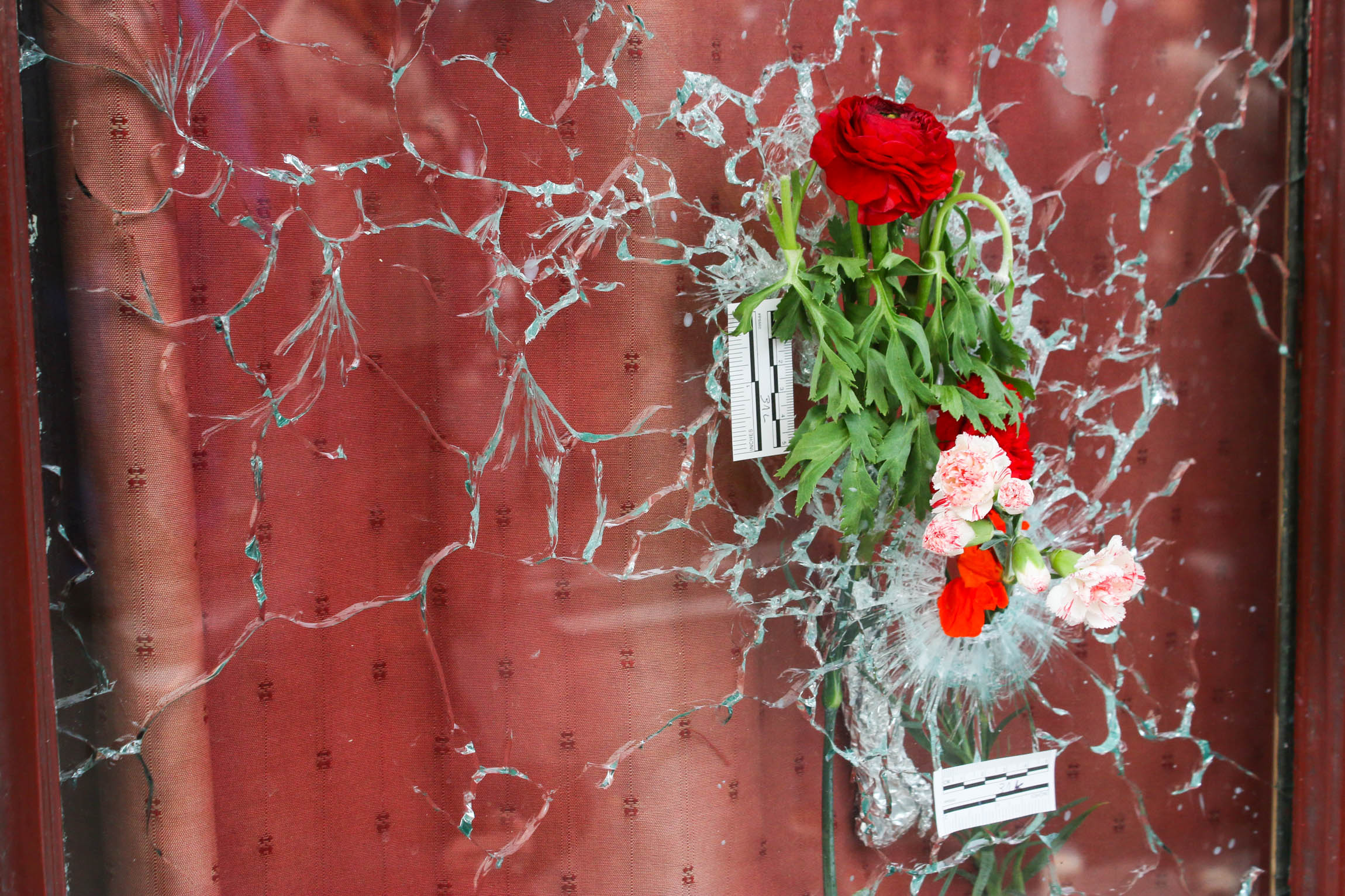 Flowers have been placed in a bullet hole at the Carillon restaurant in Paris, Nov 2015.
